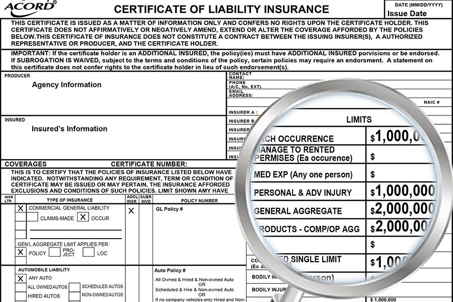 Request Certificate - Magnifying Glass Reviewing Paperwork Titled Certificate of Liability Insurance
